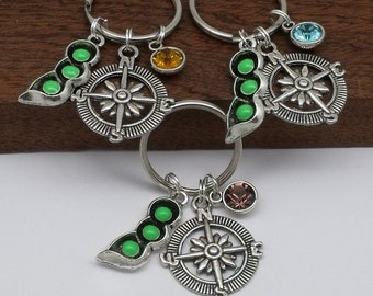 Set of 3 best friends peas in a pod compass keyring, personalised friend keyring gift, 3 best friend, sisters gift, three friends,