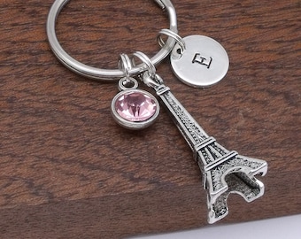 Paris Eiffel Tower keyring, Eiffel Tower keychain, Paris Eiffel tower gift for her, personalised initial keyring, birthstone
