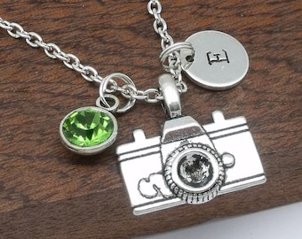 Camera necklace, camera jewellery, camera gift, personalised camera pendant, gift for her, initial, birthstone