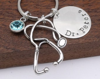 Doctor gift, doctor graduation, doctor keyring, dr keyring, custom hand stamped, doctor name, birthstone