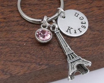 Paris Eiffel Tower name keyring, Eiffel Tower keychain, Paris Eiffel tower gift for her, personalised name keyring, birthstone, engraved