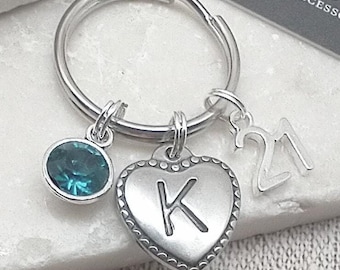 21st birthday keyring gift, 21 keychain, personalised 21st gift, customised birthstone, initial, letter