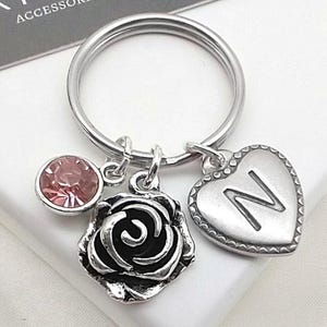 Rose charm keyring gift, rose keychain, personalised rose gift, customised birthstone, initial, letter