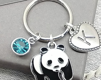 Panda keyring gift, enamel panda keychain, personalised panda bear gift, customised birthstone, initial, letter