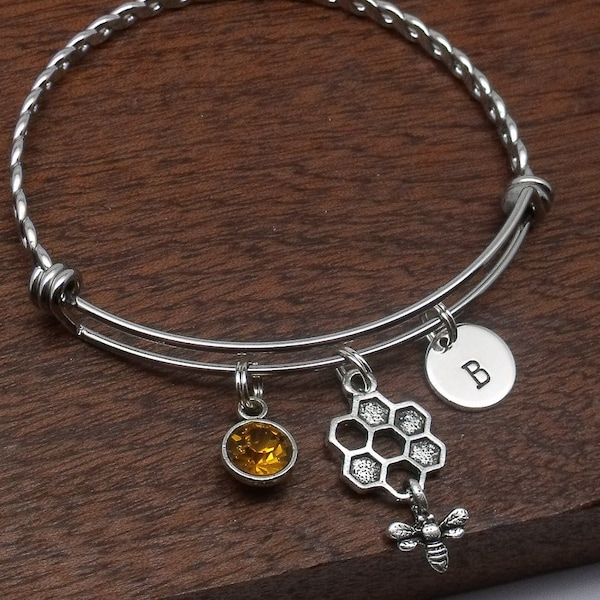 Honey bee bracelet gift, honeycomb bee jewellery, bee bangle, personalised bee gift, bumble bee, birthstone, customised initial, letter