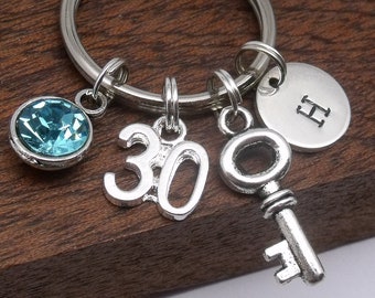 30th birthday keyring gift, 30th birthday keychain, 30th key gift, personalised 30th gift, birthstone, customised initial, letter