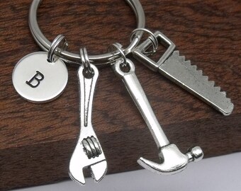 Tools keyring gift, tools keychain, builder gift, handyman handy woman gift, gift for dad, spanner, hammer, saw, initial, letter