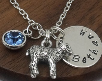 Lamb necklace gift, lamb jewellery, lamb pendant, personalised lamb gift, sheep necklace, baby lamb, birthstone, customised name text word