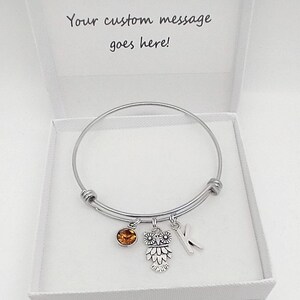 Owl charm bracelet gift, customised bangle, personalised gift with initial and birthstone, gift message