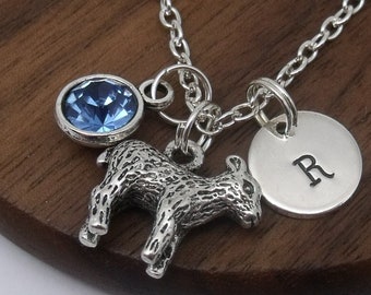 Lamb necklace gift, lamb jewellery, lamb pendant, personalised lamb gift, sheep necklace, baby lamb, birthstone, customised initial, letter