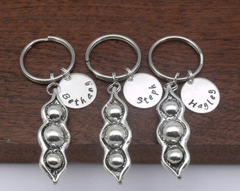 3 Peas In A Pod Hand Stamped Keychain Personalised Best Friend Gifts, Triplet Mummy Keyring