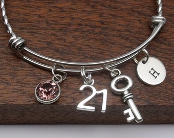 21st bracelet, personalised 21st jewellery, 21st birthday gift, age 21, bangle, 21st key bracelet, birthstone, customised initial, letter