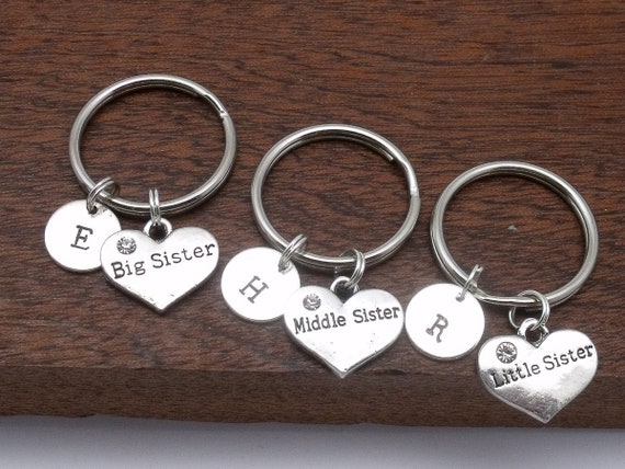 Big Middle Little Sister Initial Keyring Gift, Sisters Keyrings
