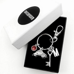 Passing driving test keyring gift idea, car keychain, congratulations new driver personalised boxed gift with initial and birthstone