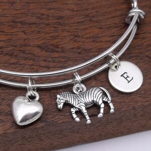 Zebra bracelet gift, zebra jewellery, zebra bangle, personalised zebra gift, customised initial, letter image 1