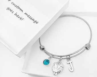 Sheep bracelet gift, sheep jewellery, bangle, personalised gift with initial and birthstone