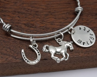 Horse name bracelet gift, horse with horseshoe bangle, horse name jewellery, personalised horse horseshoe gift, hand stamped name words text