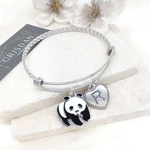 Panda Bracelet Personalised Enamel Panda Bear Heart Initial Letter & Birthstone, Cute Gift Idea, Glass Crystal Birthstone, Bangle