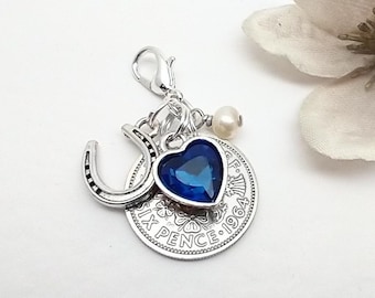 Genuine Silver Sixpence Bridal Clip On Bouquet Charm, Bridal Something Old, Blue, Lucky, Wedding Accessory