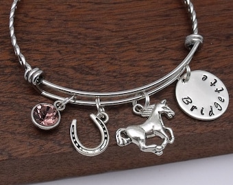 Horse name bracelet gift, horse with horseshoe bangle, horse name jewellery, personalised horse horseshoe gift, birthstone, hand stamped
