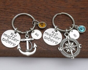 Set of 2 Friendship gift initial keyrings, distance keychain, no matter where, compass, anchor, sister, best friend, birthstone