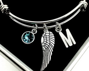 Angel wing guardian angel bracelet gift, memorial / remembrance jewellery, boxed personalised gift with initial and birthstone