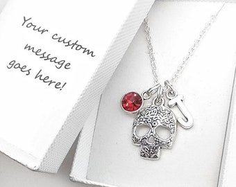 Sugar Skull necklace gift, skull jewellery, pendant, personalised gift with initial and birthstone