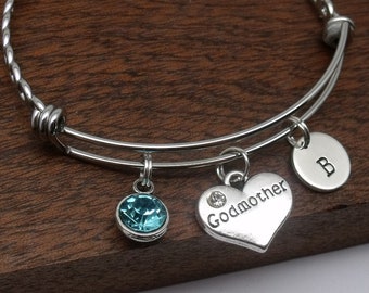 Godmother bracelet gift, godmother jewellery, godmother bangle, personalised godmother gift, birthstone, customised initial, letter