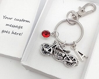 Motorbike keyring gift, biker motorcycle keychain, personalised boxed gift with initial and birthstone, gift message