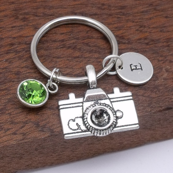 Camera keyring gift, camera keychain, camera gift, personalised camera gift, photography gift, initial, birthstone