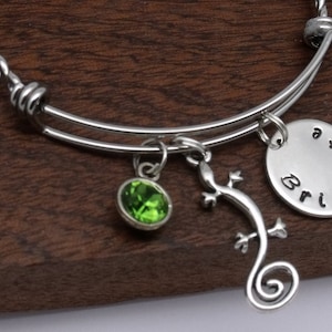 Lizard name bracelet gift, lizard jewellery, lizard bangle, personalised lizard gift, birthstone, customised name, text word