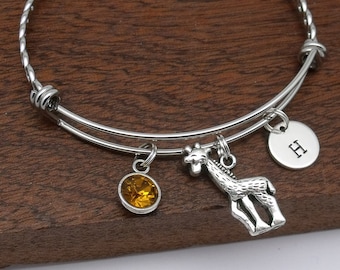 Giraffe bracelet gift, giraffe jewellery, bangle, personalised giraffe gift, birthstone, customised initial, letter