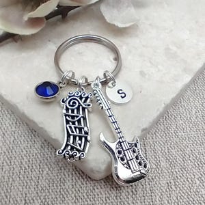 Electric guitar keyring, guitarist rock music theme keychain, personalised initial keyring, birthstone