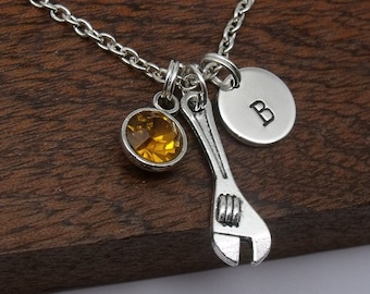 Spanner necklace gift, spanner jewellery, wrench pendant, personalised spanner gift, mechanic, engineer, birthstone, customised initial
