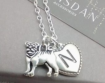 Pug dog charm necklace gift, pug jewellery, pendant, personalised gift with initial and birthstone