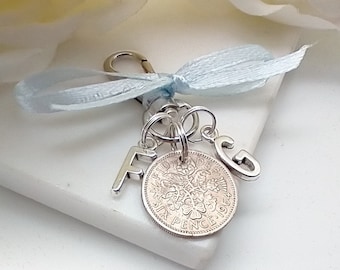 Genuine Silver Sixpence Bridal Clip On Bouquet Charm, Bridal Something Old, Blue, Lucky, Wedding Accessory, Personalised Initials, Ribbon