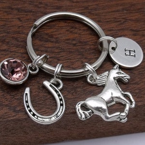 Horse keyring gift, horse keychain, horseshoe keyring keychain, horse with horseshoe, personalised horse gift, birthstone, initial, letter