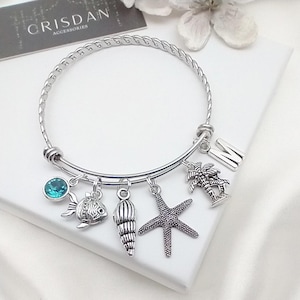 May include: A silver charm bracelet with a turquoise blue crystal charm, a fish charm, a seashell charm, a starfish charm, a palm tree charm, and a letter "M" charm.