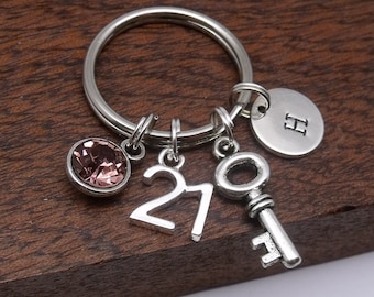 21st birthday keyring gift, 21st birthday keychain, 21st key gift, personalised 21st gift, birthstone, customised initial, letter