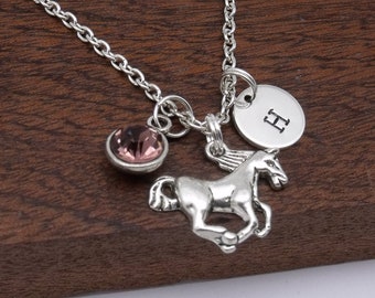 Horse pendant necklace gift, equestrian jewellery, horse jewellery, personalised horse gift, galloping horse, birthstone, initial, letter