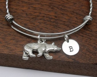 Bear bracelet gift, bear jewellery, bear bangle, personalised bear gift, customised initial, letter