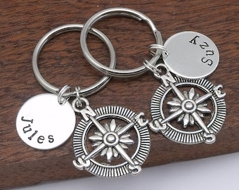 Two (2) compass keyring gift set, friendship keyring gift, couples gift, distance personalised name keyrings, friendship gift, long distance