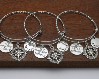 Set of 3 three distance compass name friendship bracelets, no matter where, personalised gift for friend, going away, sister