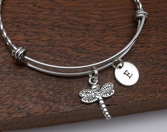 Dragonfly bracelet gift, dragonfly jewellery, personalised dragonfly gift, dragonfly bangle, customised initial, letter