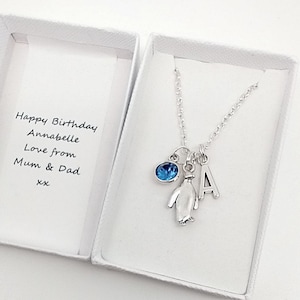 Penguin necklace gift, pendant jewellery, boxed personalised gift with initial and birthstone