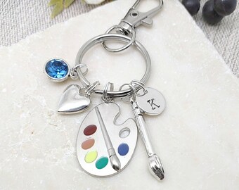 Artist keyring gift, art teacher gift, art graduate, paint palette and brush keychain, personalised birthstone, customised initial, letter