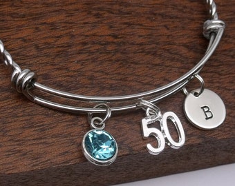 50th bracelet, personalised 50th jewellery, 50th birthday gift, age 50, bangle, 50th bracelet, birthstone, customised initial, letter