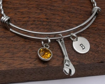 Spanner bracelet gift, spanner jewellery, spanner bangle, personalised spanner gift, wrench, birthstone, customised initial, letter