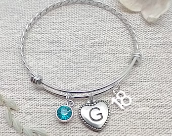18th Birthday Gift, Bracelet Personalised With Heart Initial Letter & Birthstone, Letter Charm, Glass Crystal Birthstone, Bangle