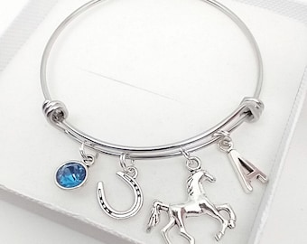 Horse bracelet gift, equestrian jewellery, horseshoe bangle, personalised gift with initial and birthstone